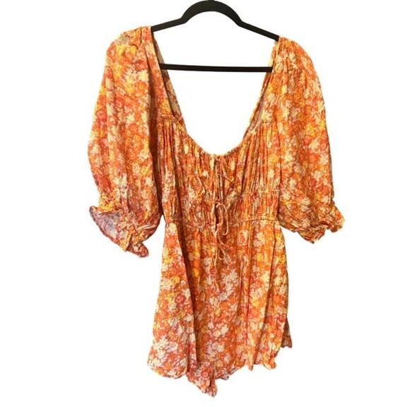 Free People Pants - Free People $148 Show Me Love Orange Floral Puff Sleeve Romper Front Ties XL